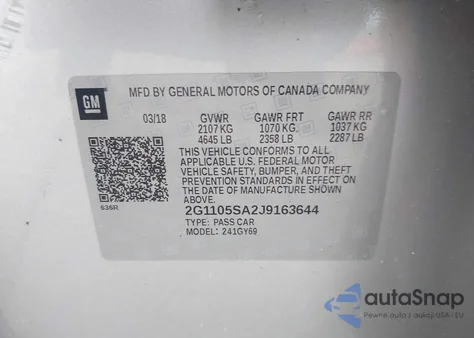 2018 Chevrolet Impala 1Lt z USA, uszkodzony, nr VIN 2G1105SA2J9163644